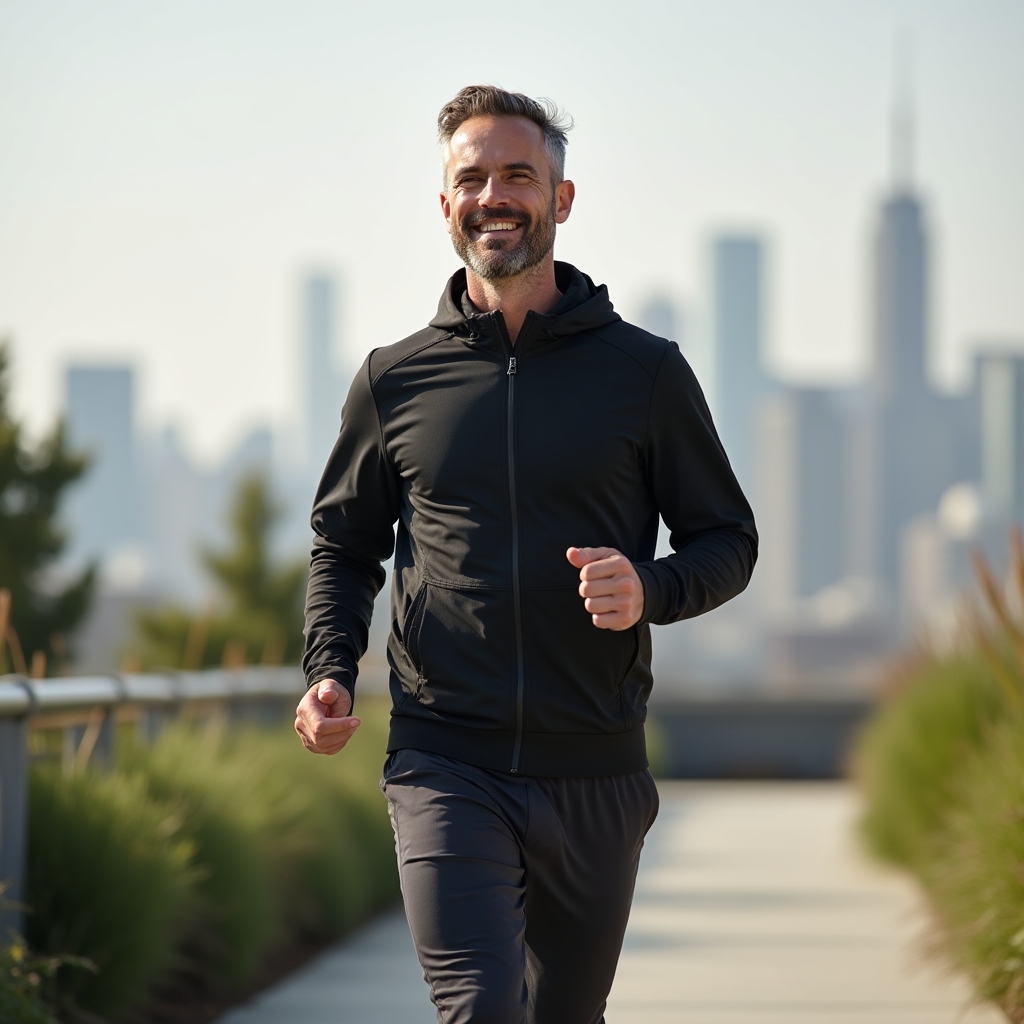 Adult walking briskly outdoors in athletic wear as part of a daily wellness routine