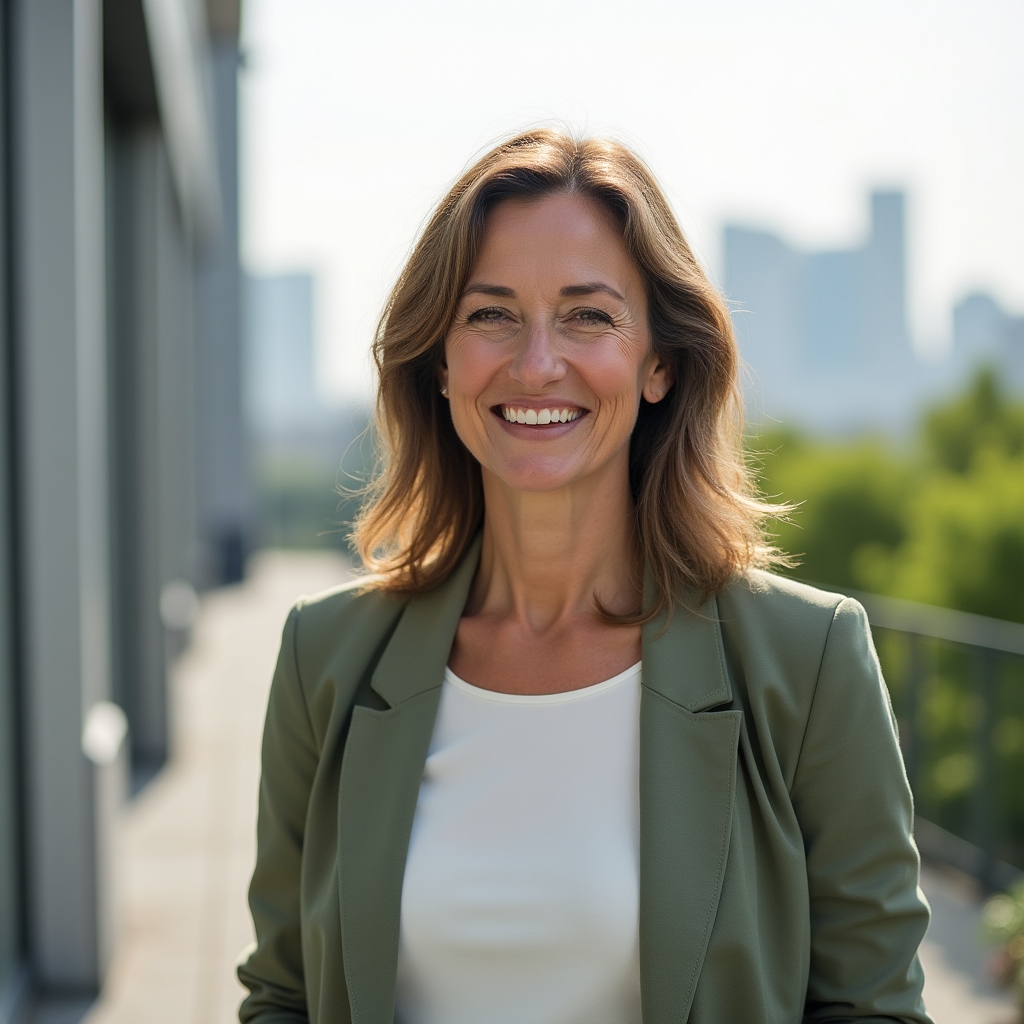 Program director standing outdoors on a rooftop terrace, arms relaxed, calm expression