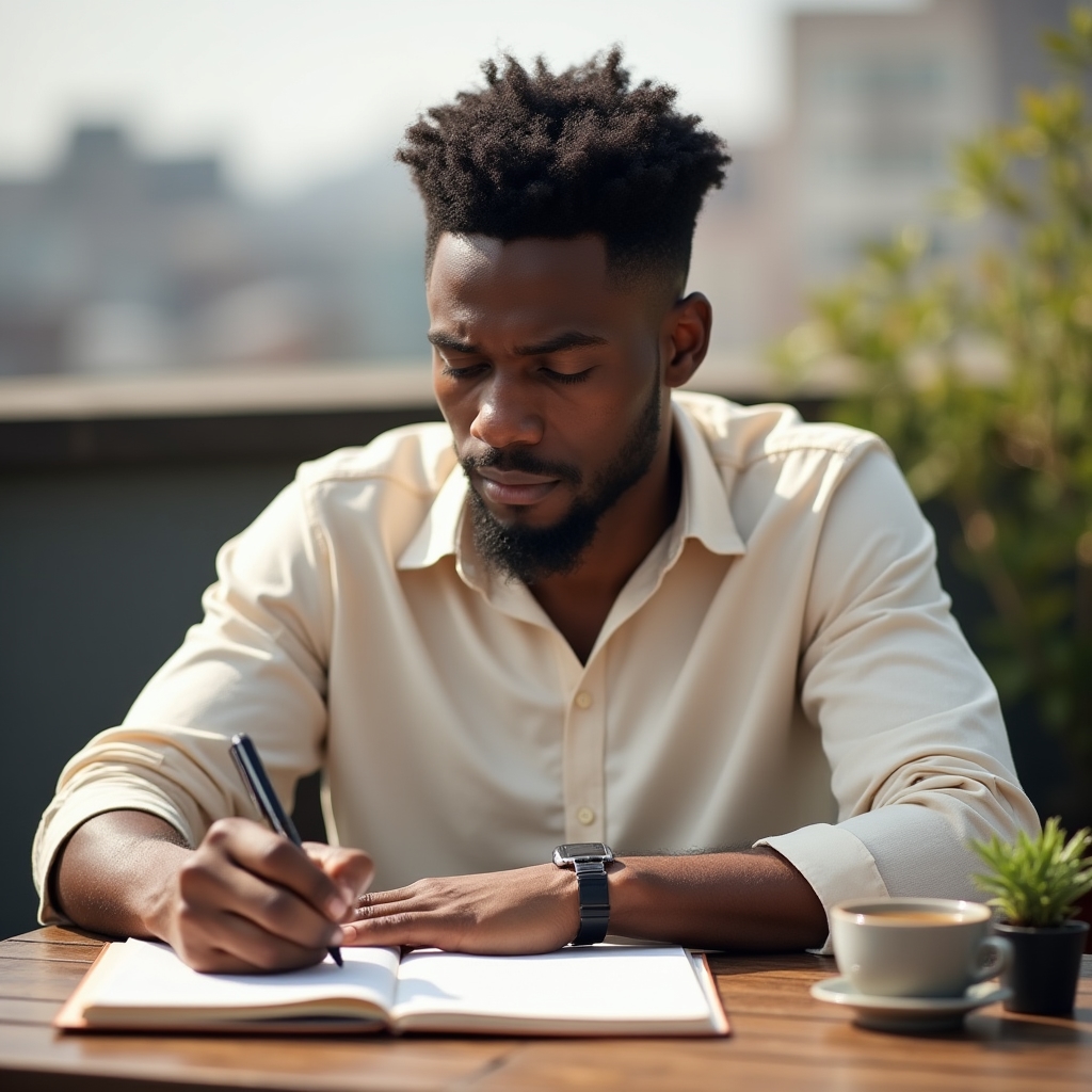 Person journaling about motivation and personal goals at a quiet outdoor desk