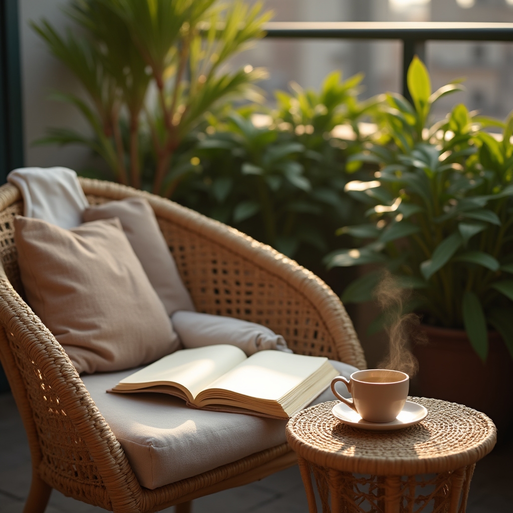Quiet outdoor reading corner with a notebook and cup of tea, representing calm reflection