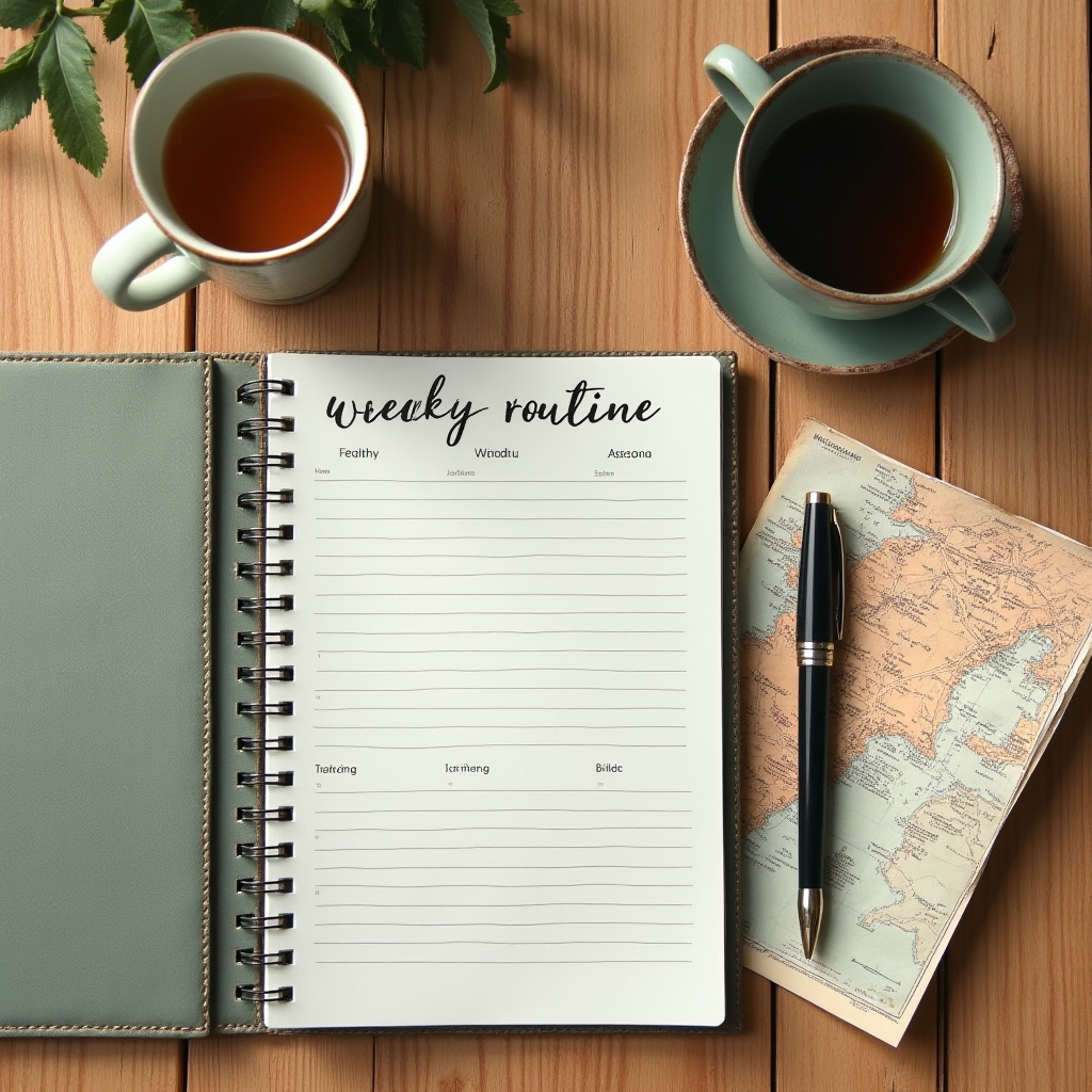 Flat lay of a weekly routine planner, notebook, and pen on a desk