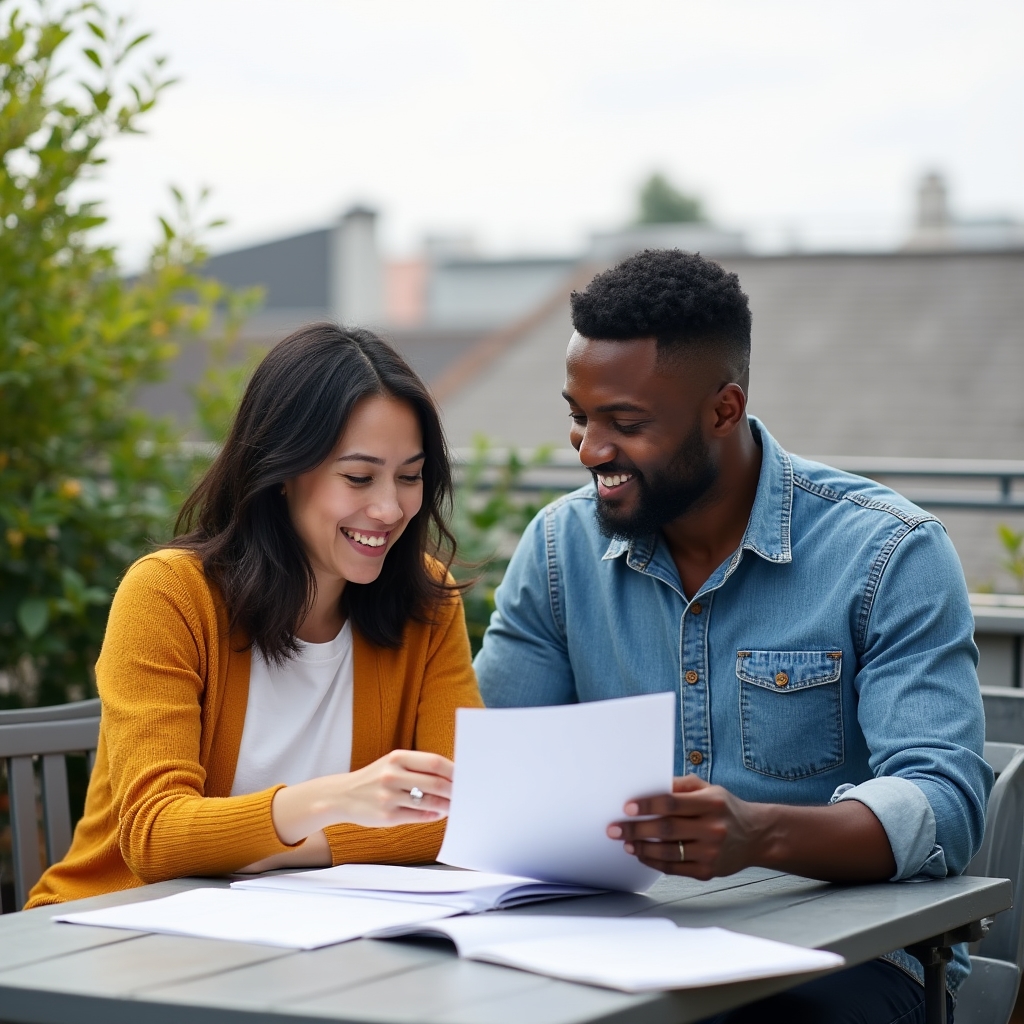 Two colleagues discussing wellness program content at an outdoor rooftop table