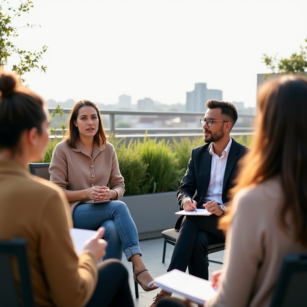 Small group participating in an outdoor wellness workshop discussion